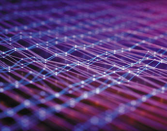 A close-up image depicting an abstract, interconnected network of glowing lines and nodes against a gradient background of purple, pink, and blue hues. The lines form a complex web, creating a futuristic and digital aesthetic.