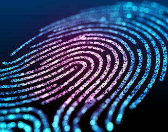 A close-up of a digital fingerprint illustration with vibrant colors. The fingerprint has intricate, curved lines and is depicted in shades of blue and purple, with a glowing effect against a dark background. The image represents biometric security technology.