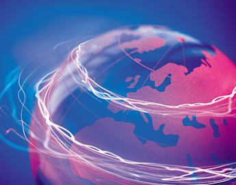 A digital rendering of a globe with dynamic light trails circling around it, highlighting connections across continents. The background is a gradient of blues and purples, giving a futuristic and interconnected world impression.