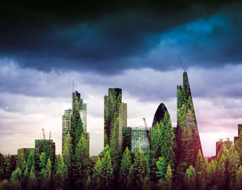 A futuristic cityscape with high-rise buildings and skyscrapers enveloped in greenery, blending urban and natural elements. Dense forests and cloudy skies create an intriguing juxtaposition of nature reclaiming urban structures.