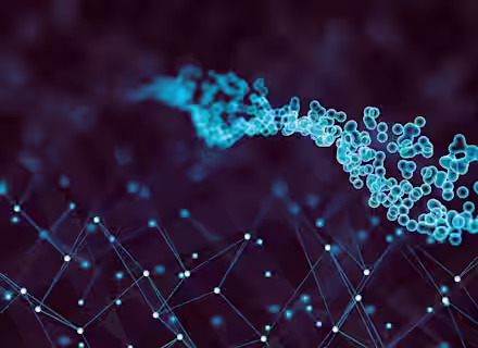 A digital abstract image featuring a glowing blue particle wave flowing through a dark background. Below the wave, a network of interconnected points and lines creates a web-like structure, also illuminated in blue, giving a sense of data transmission and connectivity.