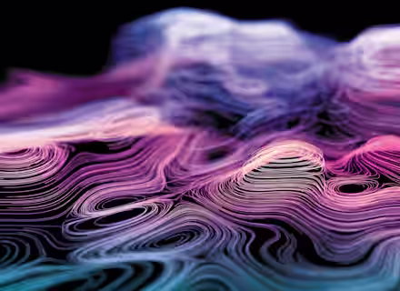 A digital abstract art piece featuring flowing, wave-like lines in vibrant, gradient colors of pink, purple, and blue. The curves create a sense of depth and motion on a dark background, evoking the texture of a surreal, ethereal landscape.