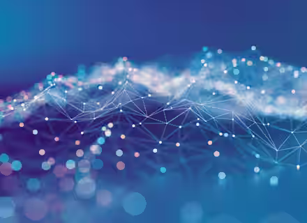 A digital illustration depicts a network of interconnected nodes and lines forming an abstract, wave-like structure in shades of blue and white. The background features a gradient blue hue with scattered bokeh lights, creating a sense of depth and complexity.