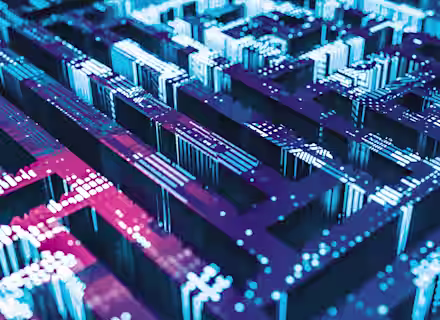Close-up image of an abstract 3D circuit board with glowing blue and purple lines and blocks. The intricate pattern creates a futuristic, high-tech appearance, suggesting themes related to technology and digital connectivity.