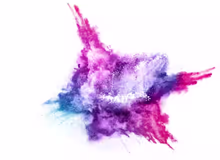 A vibrant explosion of colorful powder on a white background, resembling an abstract star shape. The colors include shades of pink, purple, blue, and a hint of red, blending seamlessly with each other and creating a dynamic, energetic visual effect.