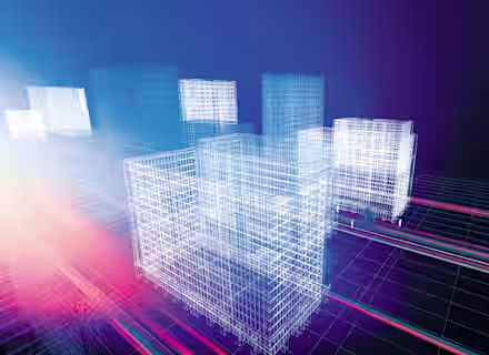 A digital rendering of a cityscape at night featuring illuminated wireframe buildings against a dark blue and purple gradient background. Bright neon lines streak across the scene, adding a futuristic feel to the image.