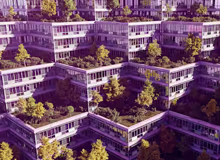 Aerial view of a unique, multi-story apartment complex with a zigzag design, featuring many balconies and rooftops adorned with trees and greenery. The buildings have a modern architectural style and the image has a purple tint.