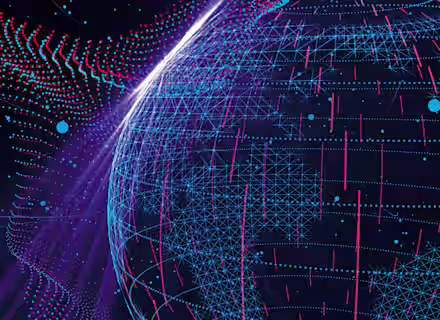 A digital representation of Earth adorned with a network of glowing interconnected nodes and lines, set against a dark background. Vibrant blue and purple lights and dots create an abstract, futuristic look with bright light emanating from the top of the globe.