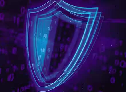 A neon blue shield hologram stands out against a dark background with floating binary code (1s and 0s) in purple hues. The image conveys themes of cybersecurity, data protection, and digital security.