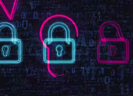 Three neon padlocks are displayed against a dark digital background filled with binary code. The left padlock is blue and locked, the center padlock is blue and unlocked, and the right padlock is pink and partially open. The image represents cybersecurity.
