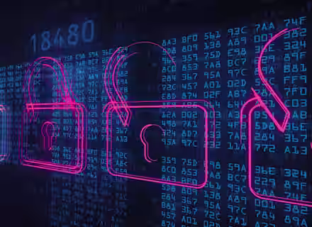 A digital illustration featuring a series of glowing padlocks, alternating between locked (in pink) and unlocked (in blue), against a background of numbers and code. The image symbolizes cybersecurity and data protection.