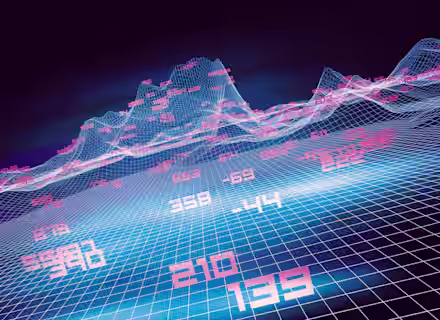 A digital landscape featuring a 3D grid with glowing numbers in various colors, including blue and pink. The numbers appear to be floating above the grid, forming peaks and valleys, suggesting a representation of data or stock market trends.