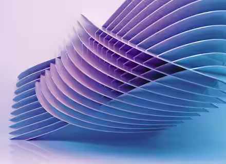 Abstract digital artwork featuring a series of curved, overlapping layers in shades of blue, purple, and pink, creating a dynamic wave-like pattern. The design is clean and futuristic, with a glossy and smooth surface finish.