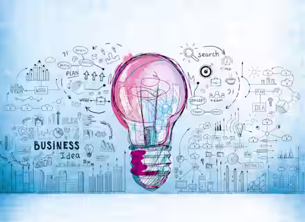 An illustration of a giant light bulb symbolizing a creative idea. The background is filled with various doodles related to business concepts, such as graphs, gears, icons, arrows, and words like "plan," "search," and "work" scattered around the light bulb.