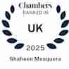 A laurel wreath design surrounds the text "Chambers Ranked in UK 2025." Below, the name "Shaheen Mosquera" is displayed. The overall color scheme is dark blue.