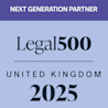 Purple banner with white text reads "NEXT GENERATION PARTNER." Below, the logo displays "Legal 500 UNITED KINGDOM 2025" in bold black letters on a light blue background.