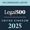 Logo for Legal 500 United Kingdom 2025, featuring the text "RECOMMENDED LAWYER" at the top.