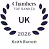 A navy laurel wreath surrounds the text "Chambers Top Ranked UK 2026 Keith Barrett" on a white background.