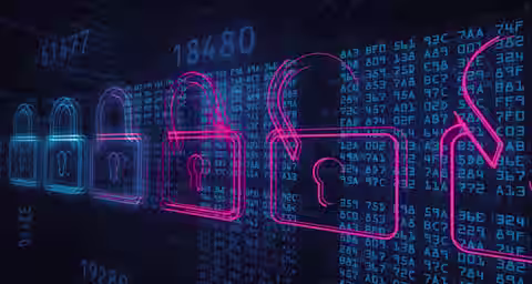 A digital illustration featuring a series of glowing padlocks, alternating between locked (in pink) and unlocked (in blue), against a background of numbers and code. The image symbolizes cybersecurity and data protection.