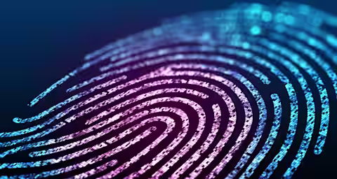 A close-up of a digital fingerprint illustration with vibrant colors. The fingerprint has intricate, curved lines and is depicted in shades of blue and purple, with a glowing effect against a dark background. The image represents biometric security technology.