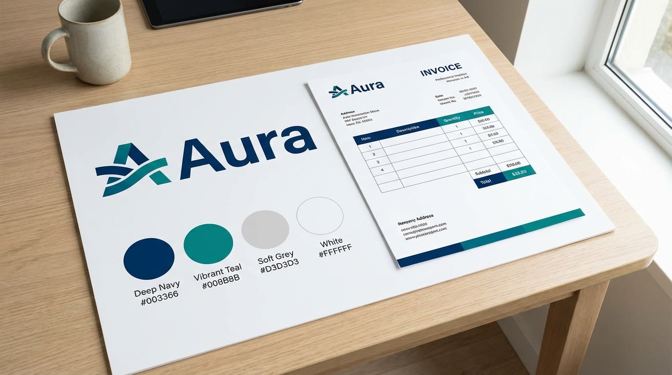 A branding board showing a logo, brand colors, and a matching Shopify invoice template