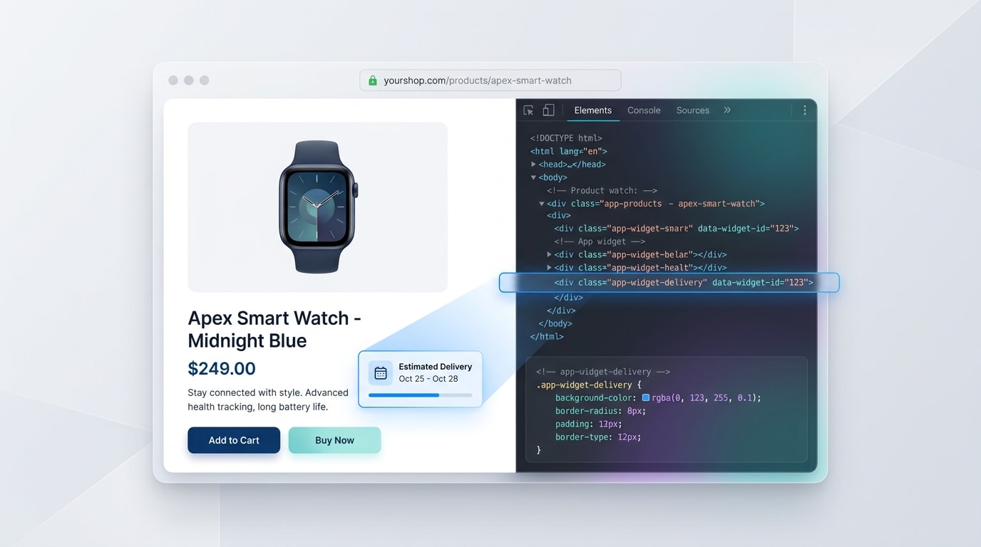 A browser window showing the Inspect Element tool highlighting a Shopify app widget on a product page