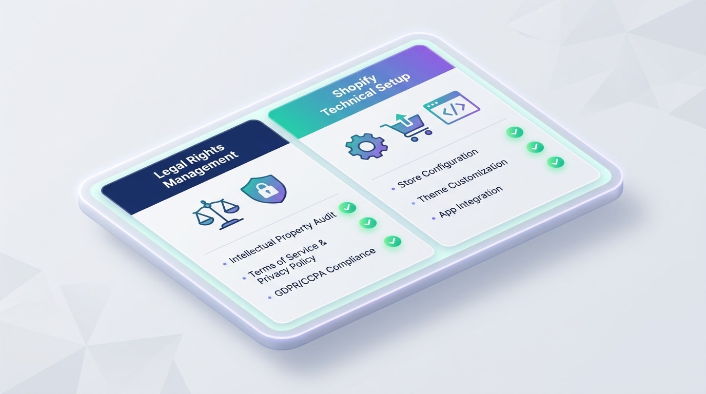 A checklist graphic showing legal rights management and Shopify technical setup steps