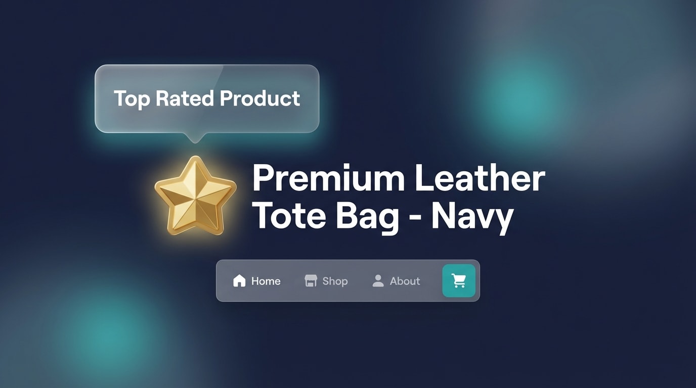 A clean, minimalist Shopify product page showing a small star badge with a text bubble tooltip explaining 'Top Rated Product'
