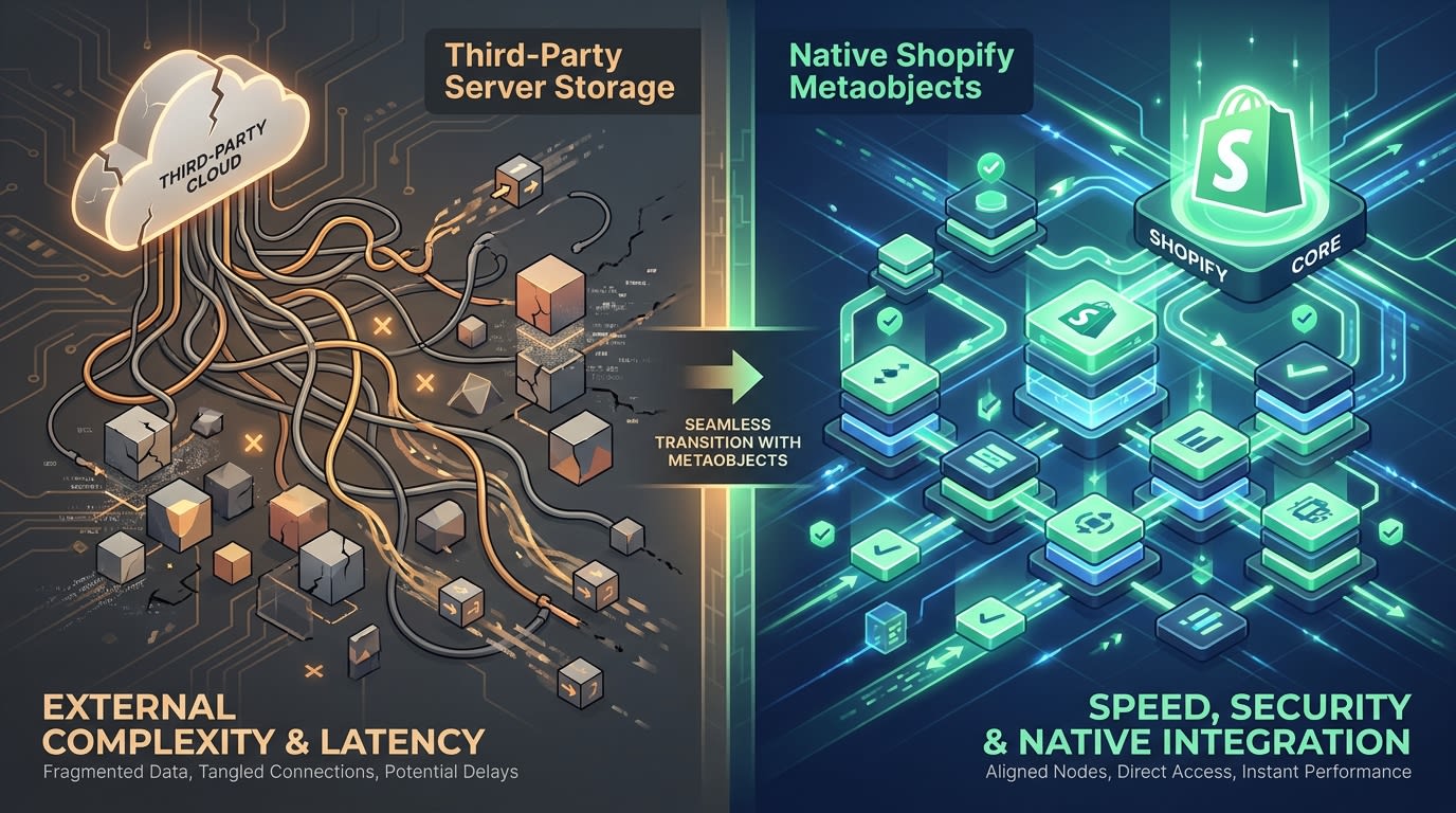 A diagram illustrating the difference between storing content on third-party servers versus native Shopify metaobjects