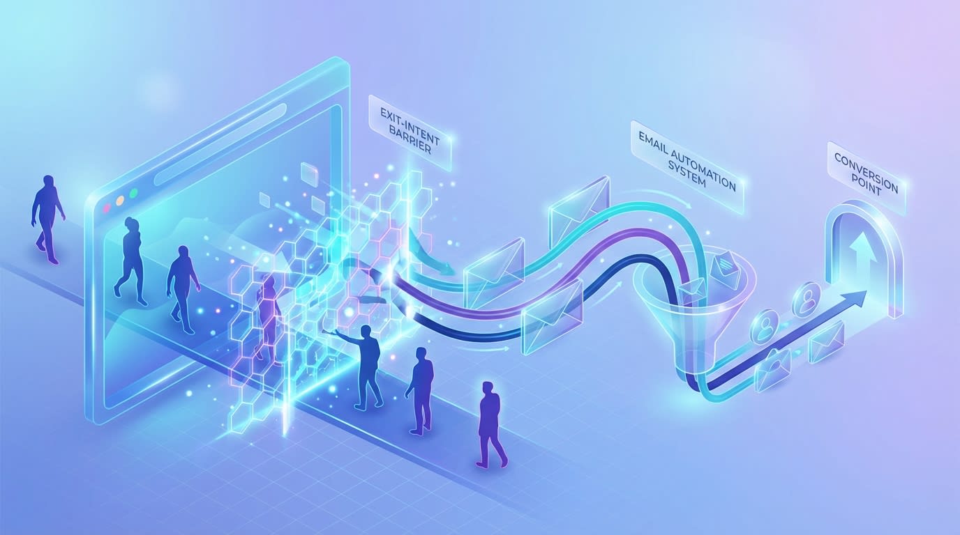 A diagram showing a two-stage net: exit-intent popups catching users before they leave, and email automations catching them after