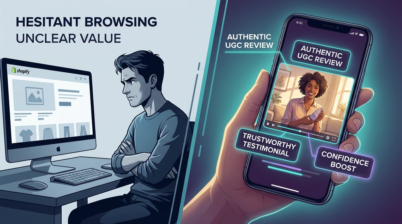 A divided screen showing a skeptical shopper on a Shopify store on one side, and a reassuring, authentic user-generated video review on the other