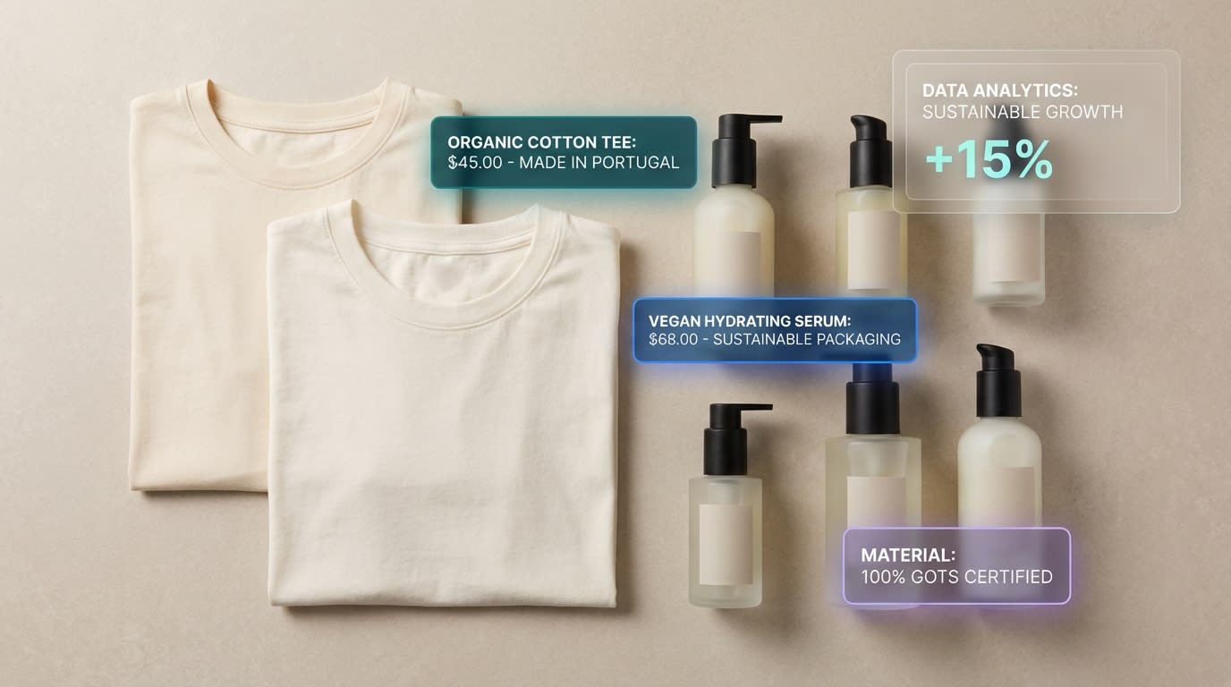 A flatlay of organic cotton t-shirts and private label vegan skincare bottles with digital tags floating above them
