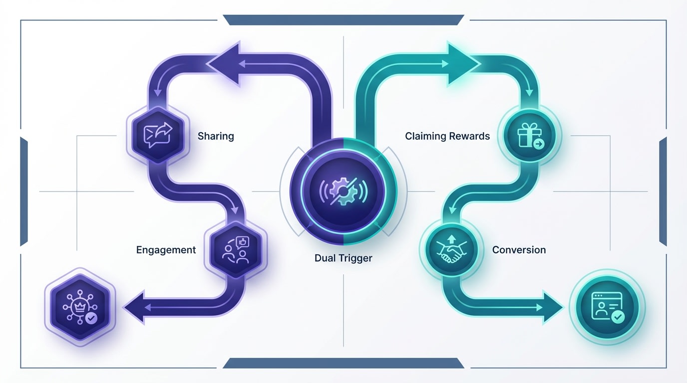 A flow chart showing a dual-trigger referral popup journey, separating the existing advocate sharing path from the new referred friend claiming path