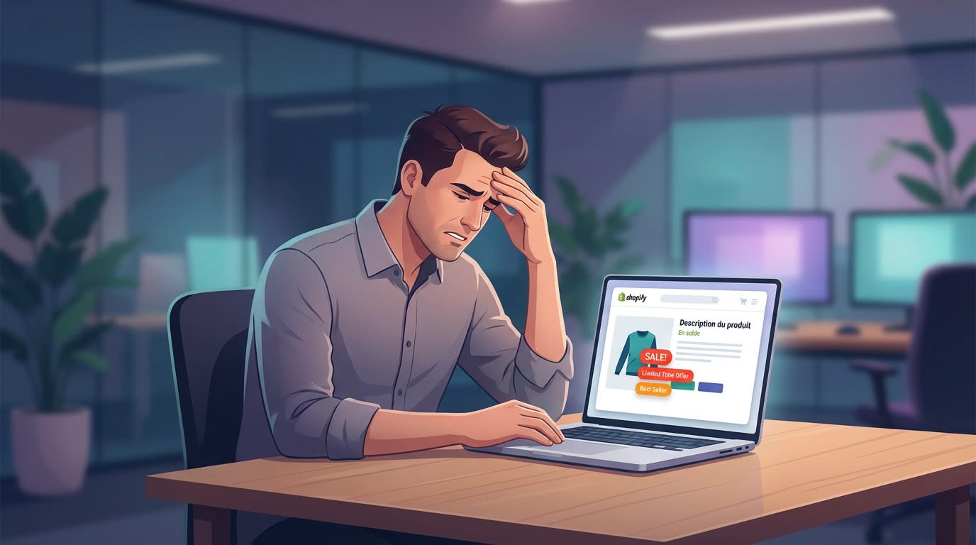 A frustrated merchant looking at a split-screen Shopify store showing English badges on a fully translated French product page