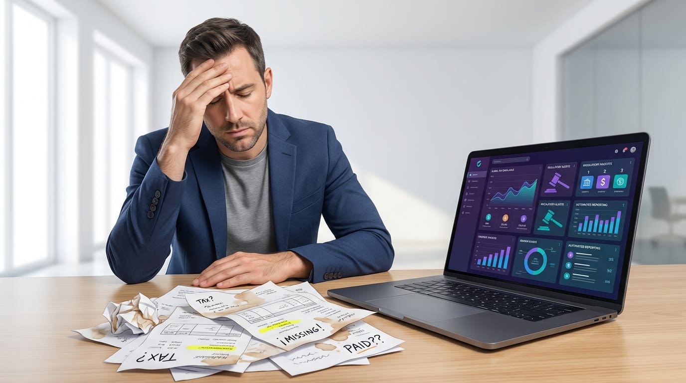 A frustrated Shopify merchant reviewing messy printed invoices next to a laptop showing tax regulations