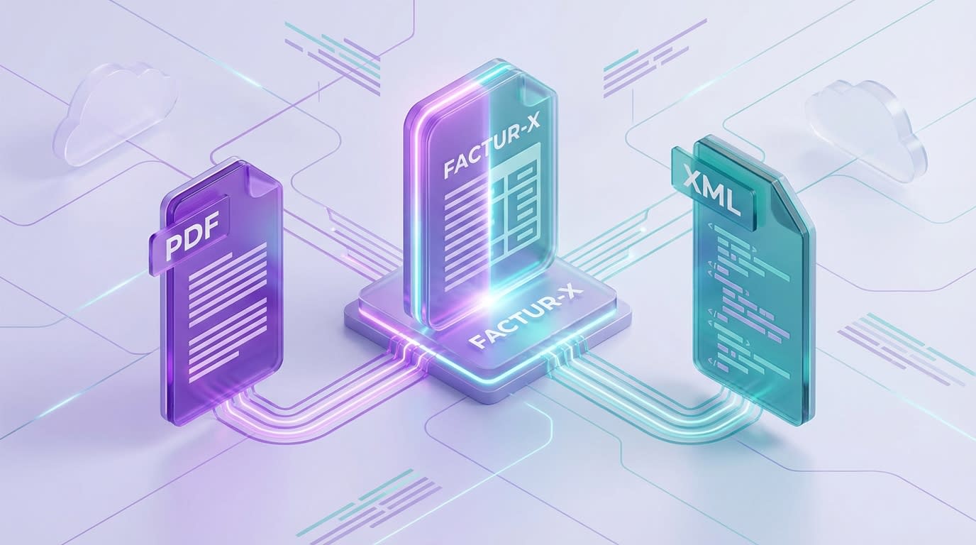 A graphic showing a standard visual PDF merging with an XML data file to create the hybrid Factur-X format