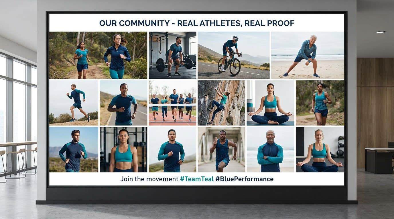 A grid of diverse athletes wearing the same brand, demonstrating social proof through user-generated content