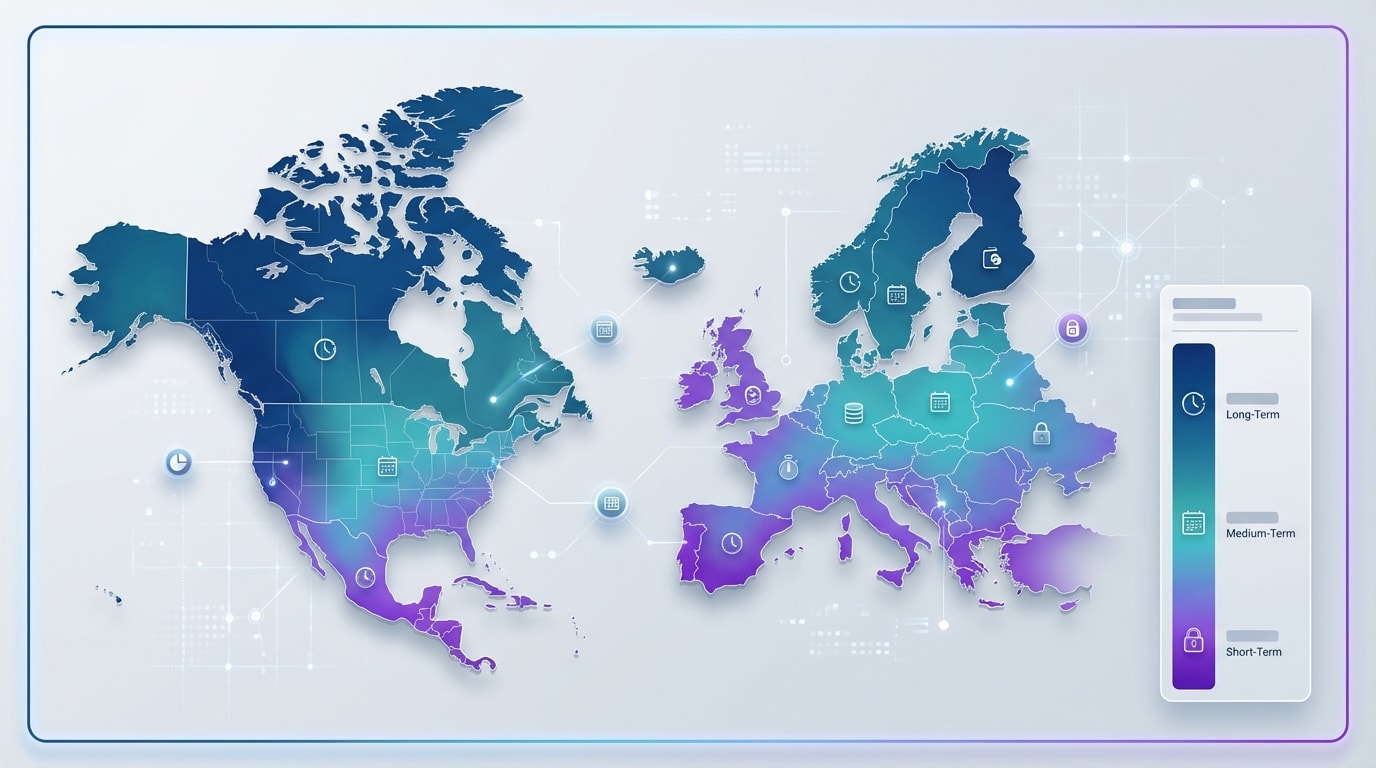 A map graphic highlighting different invoice record keeping durations by country across Europe and North America