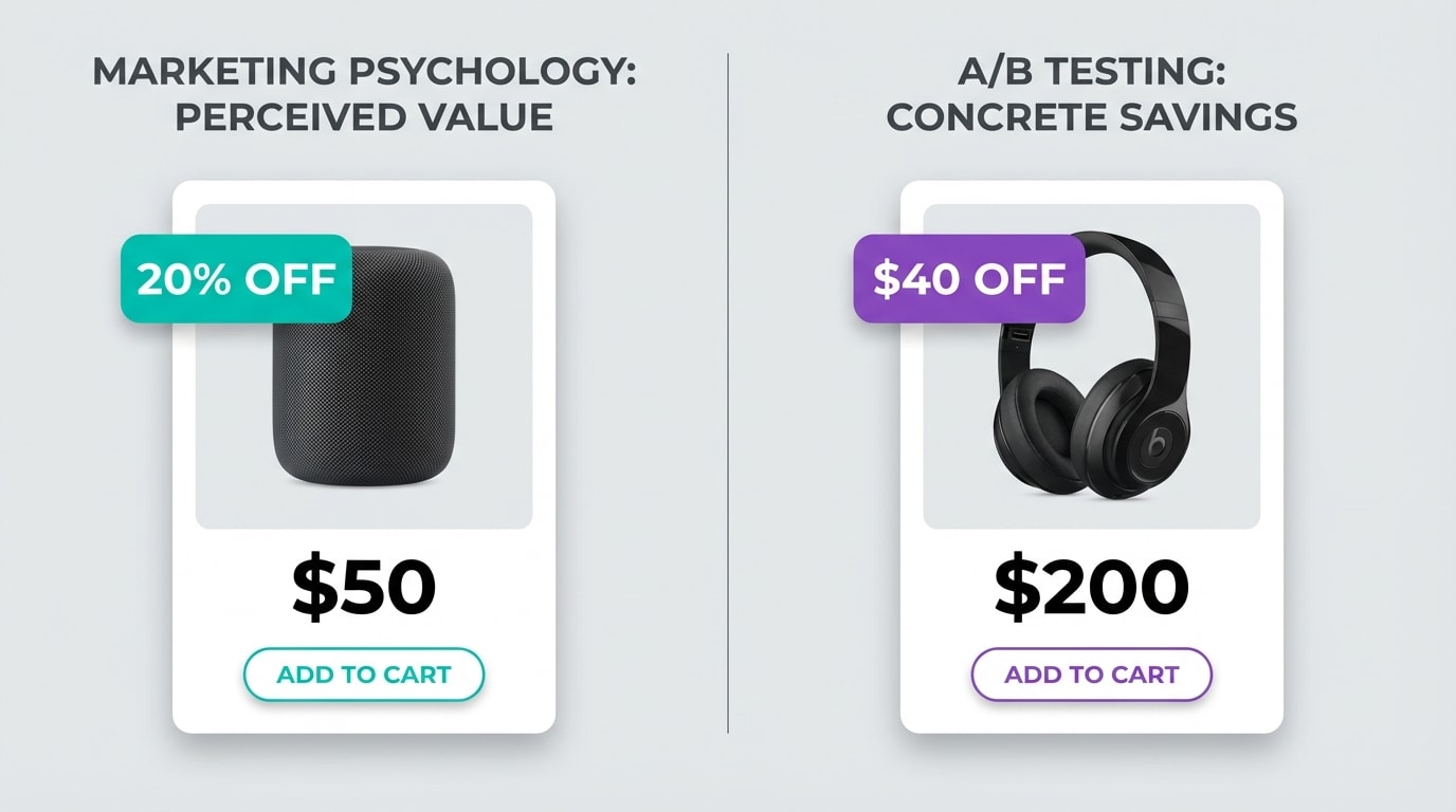 A side-by-side A/B test of a $50 product showing a 20% Off badge vs a $200 product showing a $40 Off badge