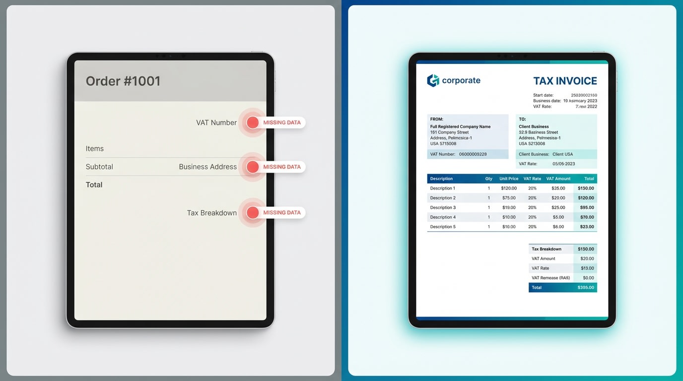 A side-by-side comparison of a standard Shopify order receipt and a legally compliant B2B tax invoice highlighting missing fields like VAT and registered addresses