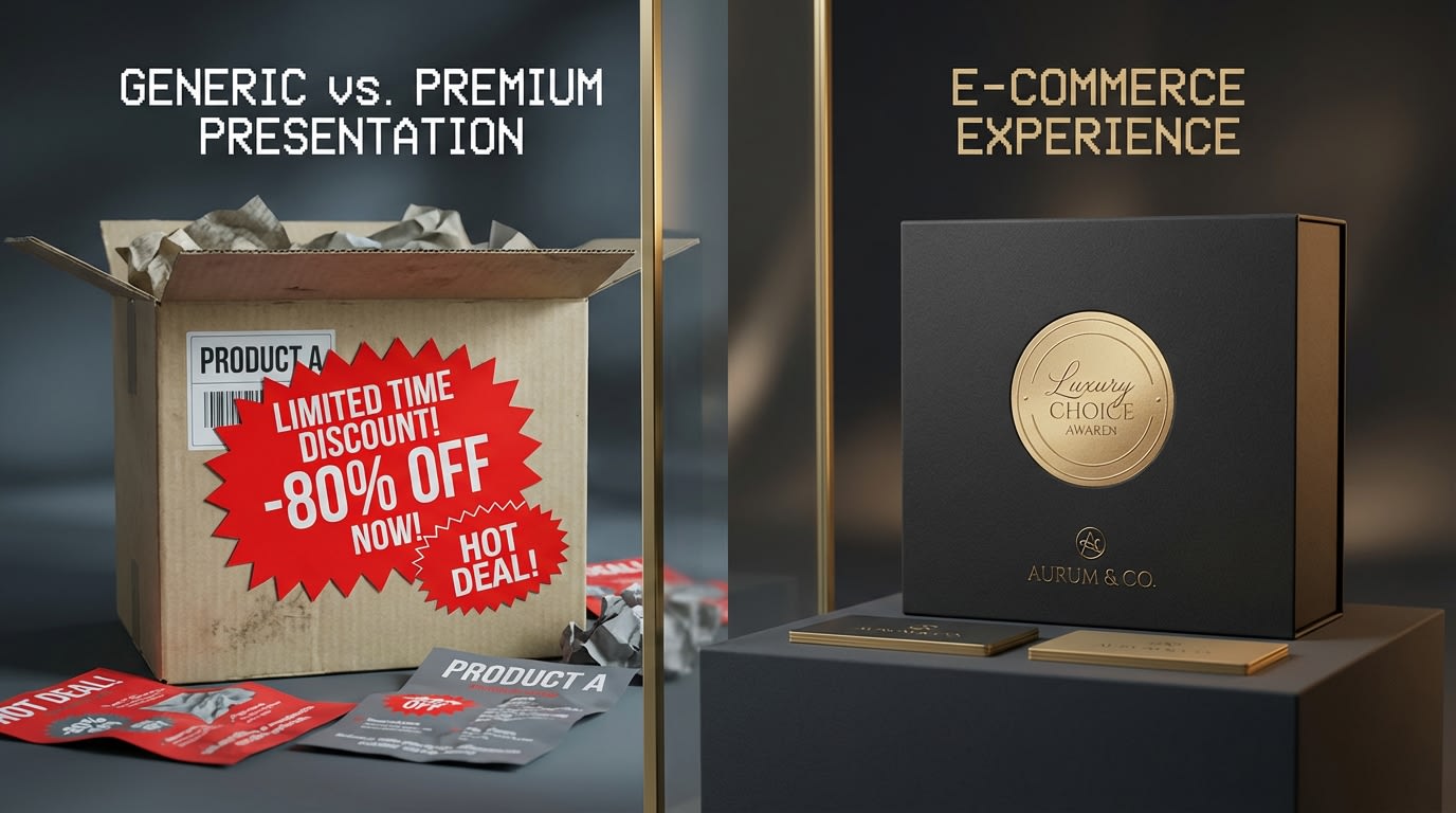 A side-by-side comparison of a spammy red discount badge versus a minimalist, elegant gold award seal on a premium product