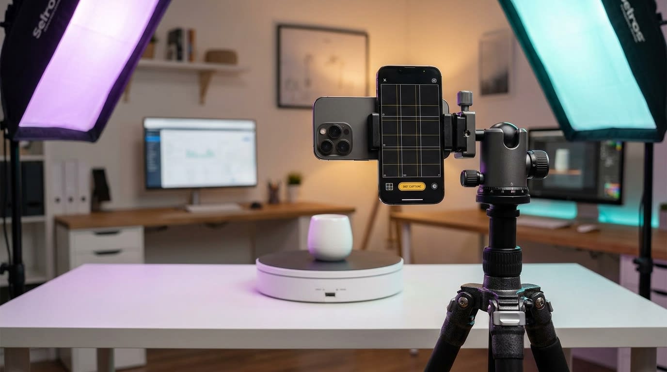 A simple DIY photography setup showing a smartphone on a tripod pointing at a motorized turntable