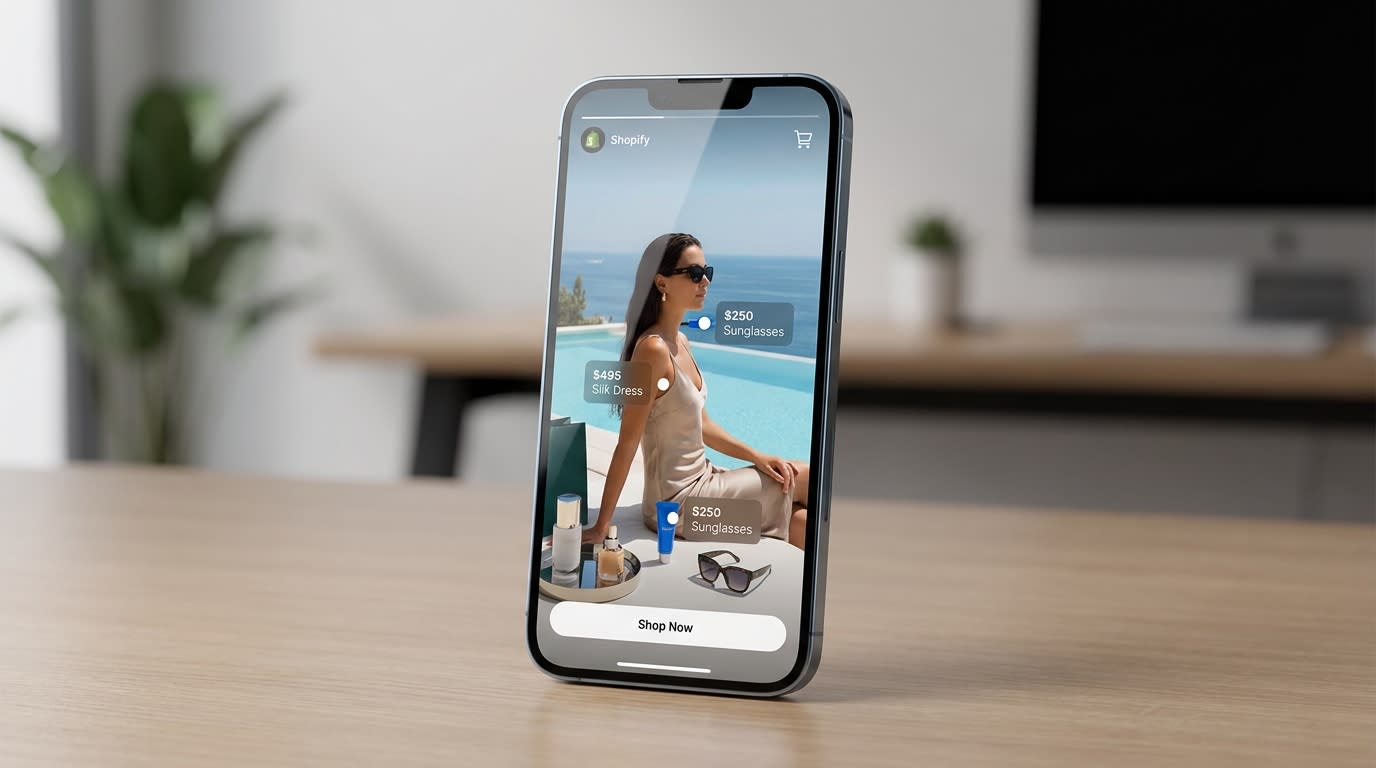 A smartphone displaying a full-screen shoppable vertical video on a Shopify store interface
