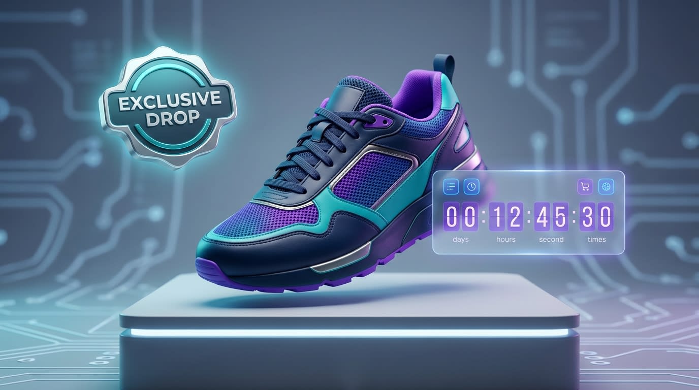 A sneaker product thumbnail featuring an exclusive drop badge and a countdown timer overlay