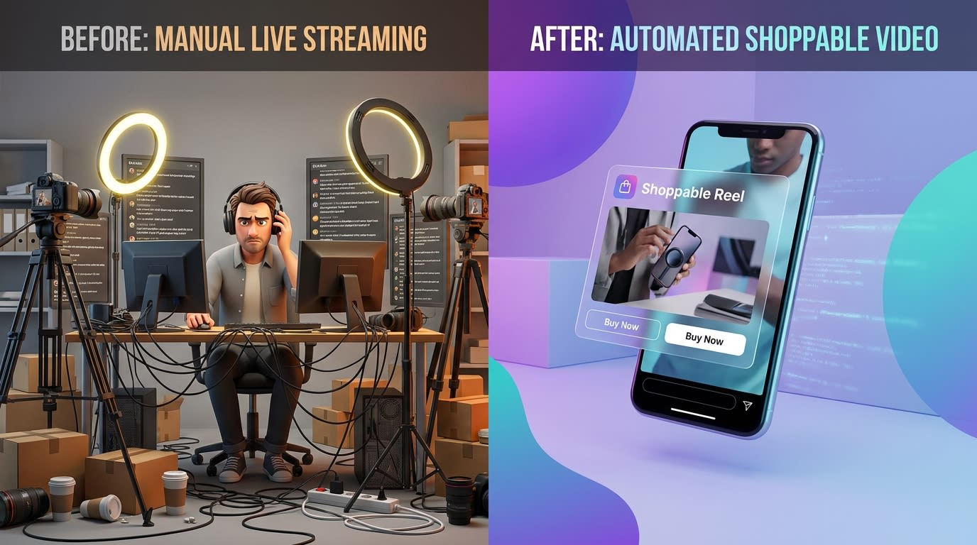 A split screen showing a stressful live streaming setup on the left and an automated shoppable reel playing on a mobile phone on the right