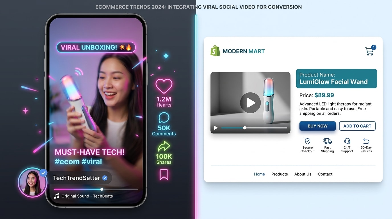A split-screen showing a viral TikTok video on the left and a clean Shopify product page with a video widget on the right
