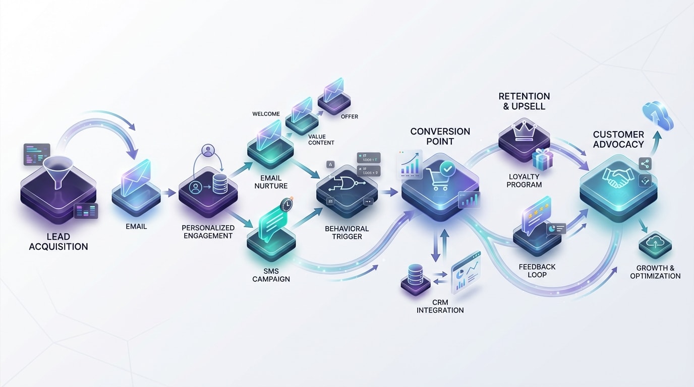 A timeline mapping out an integrated email and SMS recovery sequence