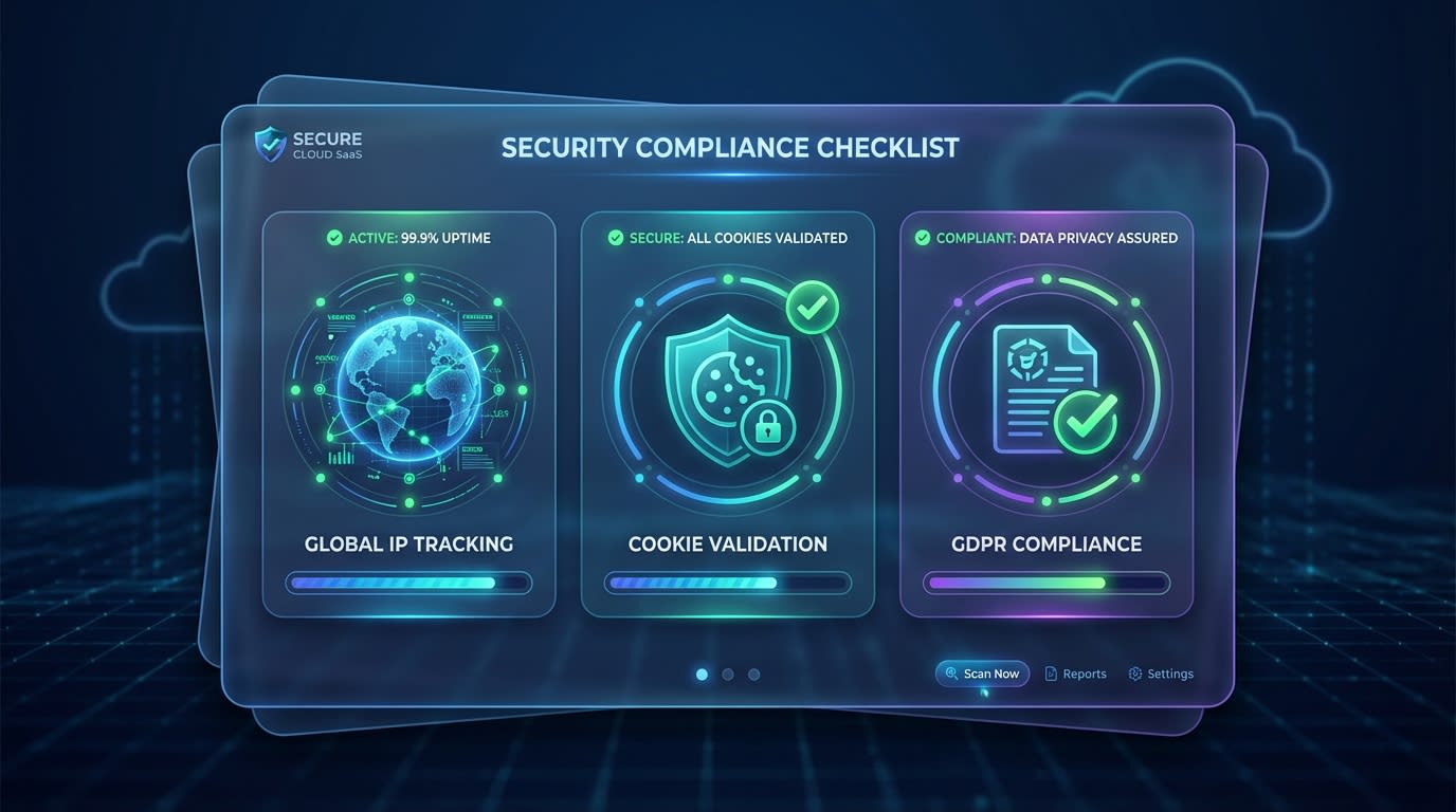 A visual checklist detailing security measures like IP tracking, cookie validation, and GDPR checkboxes