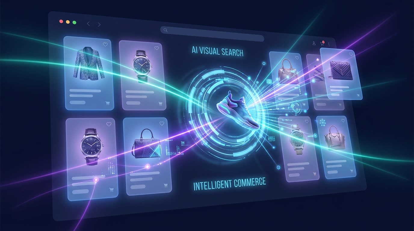 Abstract visualization of AI search engines scanning visual content on an eCommerce store
