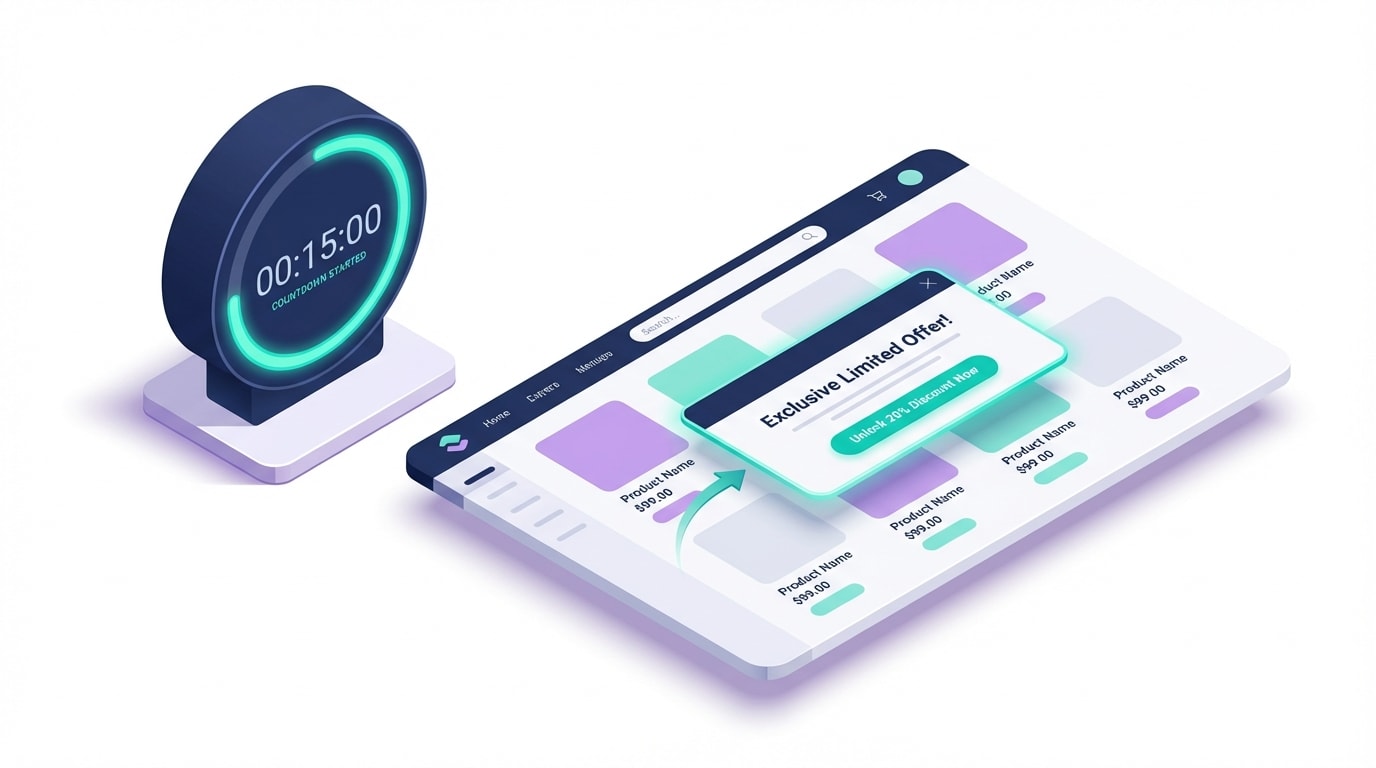 An illustration showing a clock timer next to a Shopify product page with a popup appearing after a delay